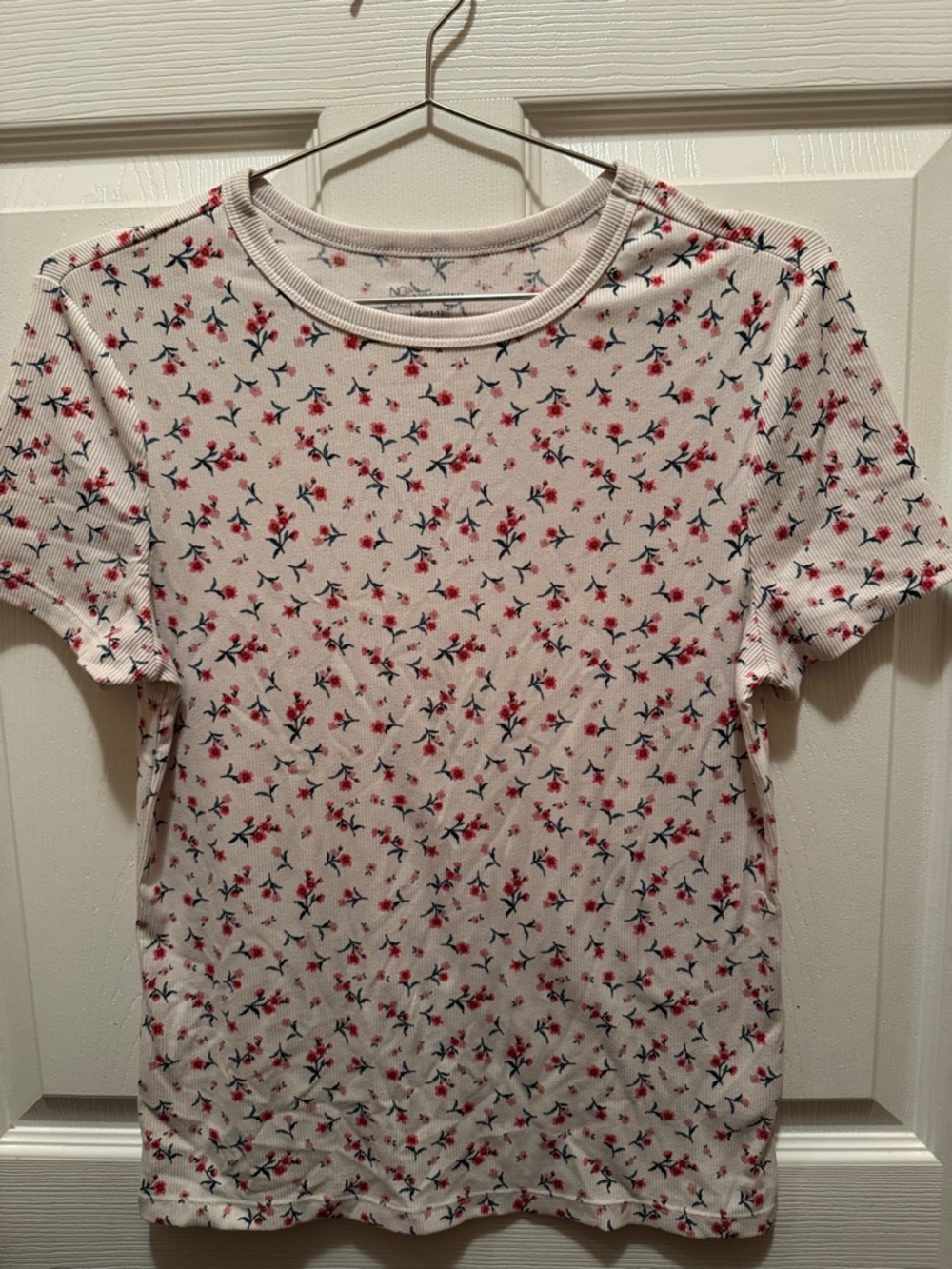 No Boundaries White Short Sleeve Floral Tee with Pink & Navy Accents